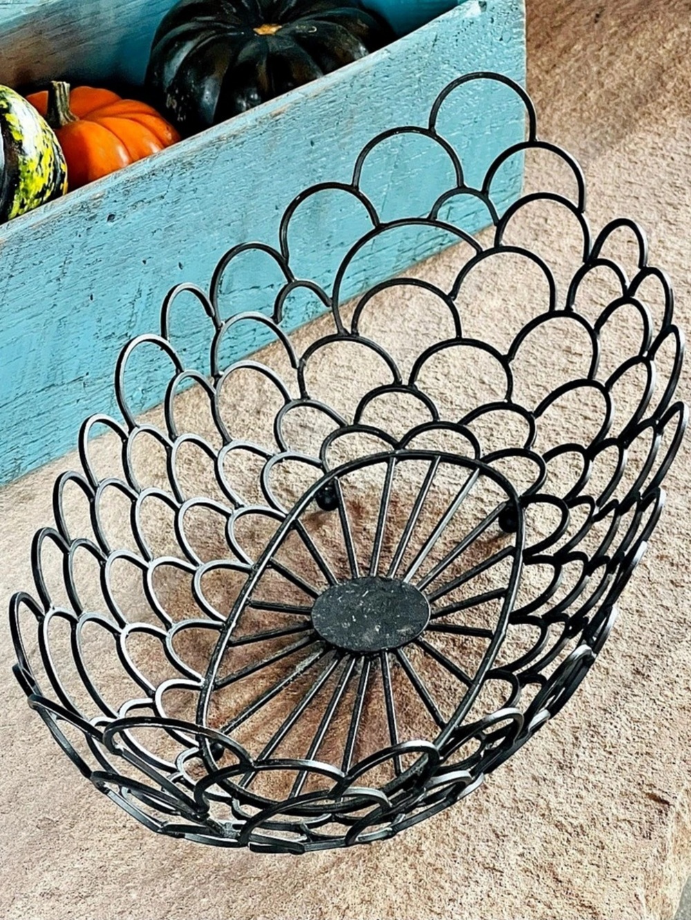 Sculptured Black Wrought Iron Scalloped Basket Rustic